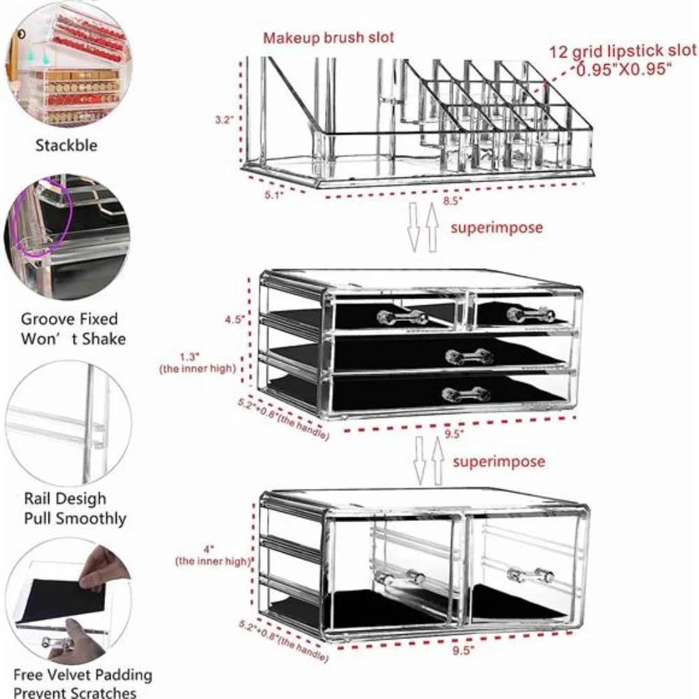 Makeup Organizer Clear Stackable Storage Box With 6 Drawers For Vanity